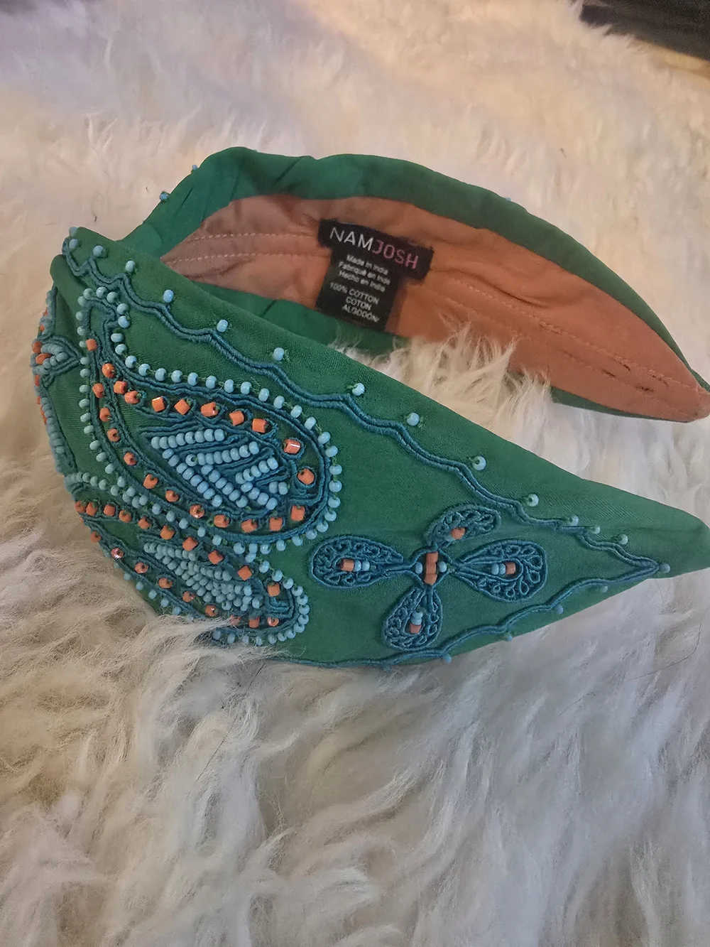 Green Beaded Embroidered Padded Headband by AAMJDOSH